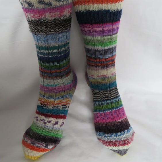 Hand-cranked Frankensox Knitted Ribbed Wool Socks Size 6 to 7
