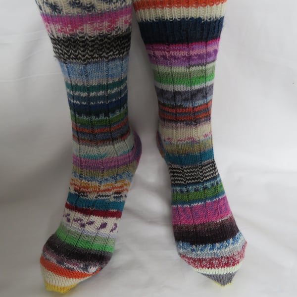 Hand-cranked Frankensox Knitted Ribbed Wool Socks Size 6 to 7