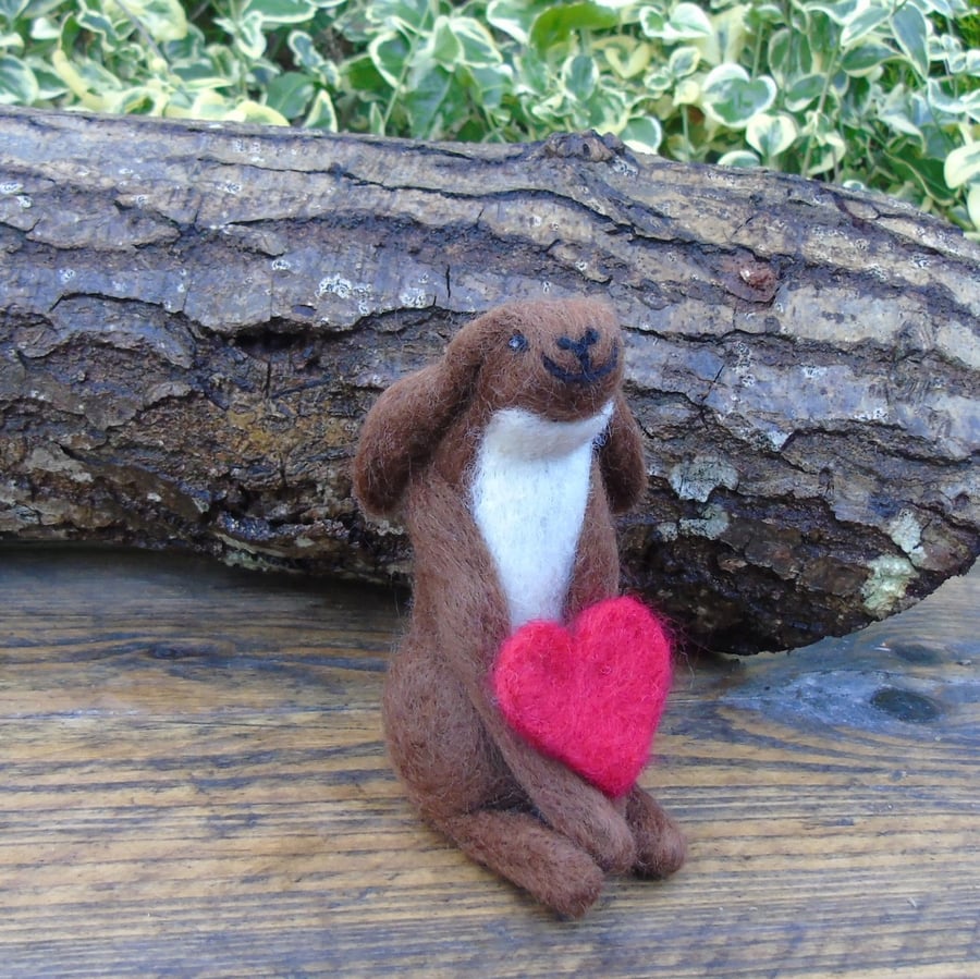 Needle Felt Hare with heart, brown hare, moon gazing hare, wool hare