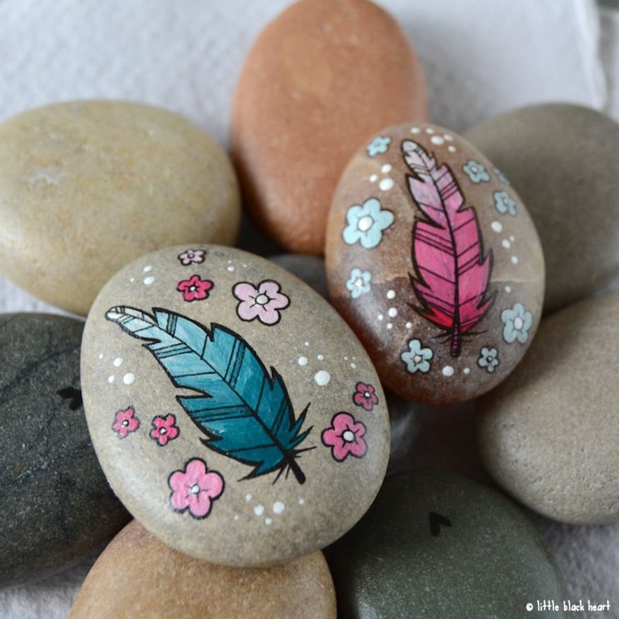 painted pebbles -feather pair 