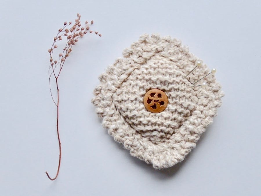 Pincushion, knitted pincushion, cream pincushion