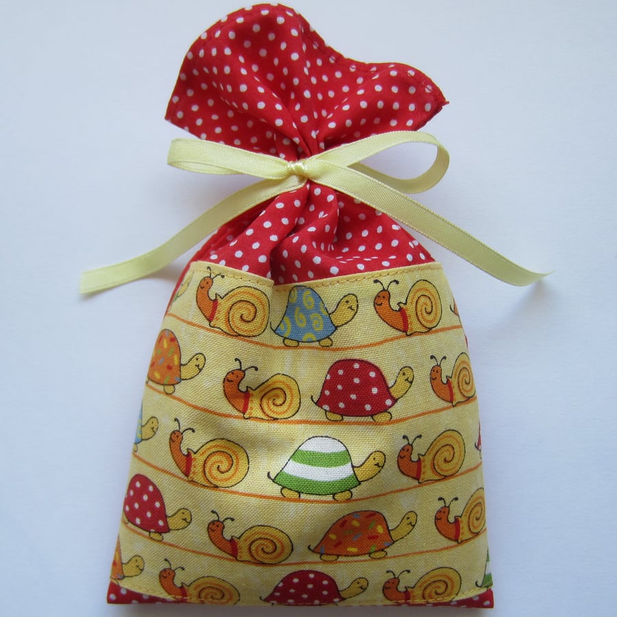 Lavender Sachet Bag with Red Spotty Tortoise and Snail Design