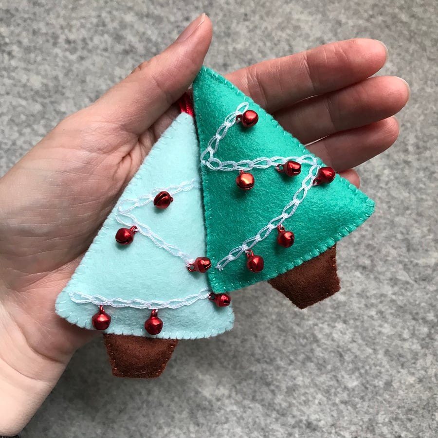 Hand stitched Jingle Bell Christmas Tree Decoration- set of two