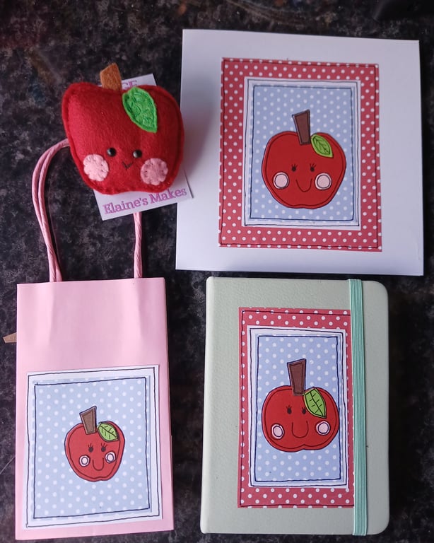 Quirky art teacher, teaching assistant gift, apple badge, card, bag and noteboo