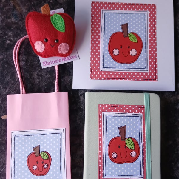 Quirky art teacher, teaching assistant gift, apple badge, card, bag and noteboo