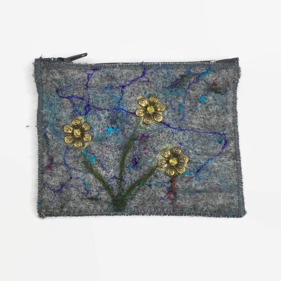 Grey felt floral coin purse , integral keyring and external pocket