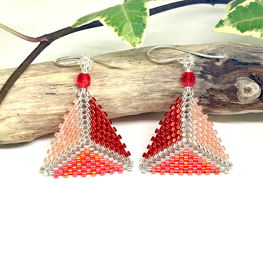Shades of Red and Orange Triangle Beaded Earrings 
