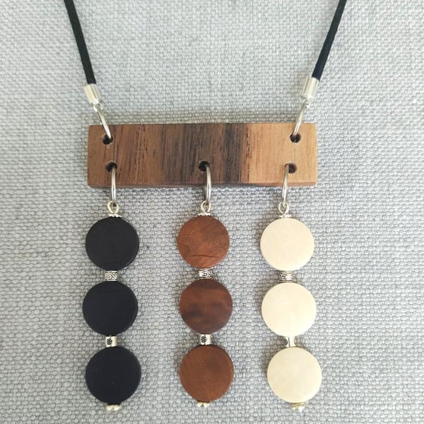 Upcycled Polished Wood Disk Statement Necklace Reclaimed Boho Jewellery