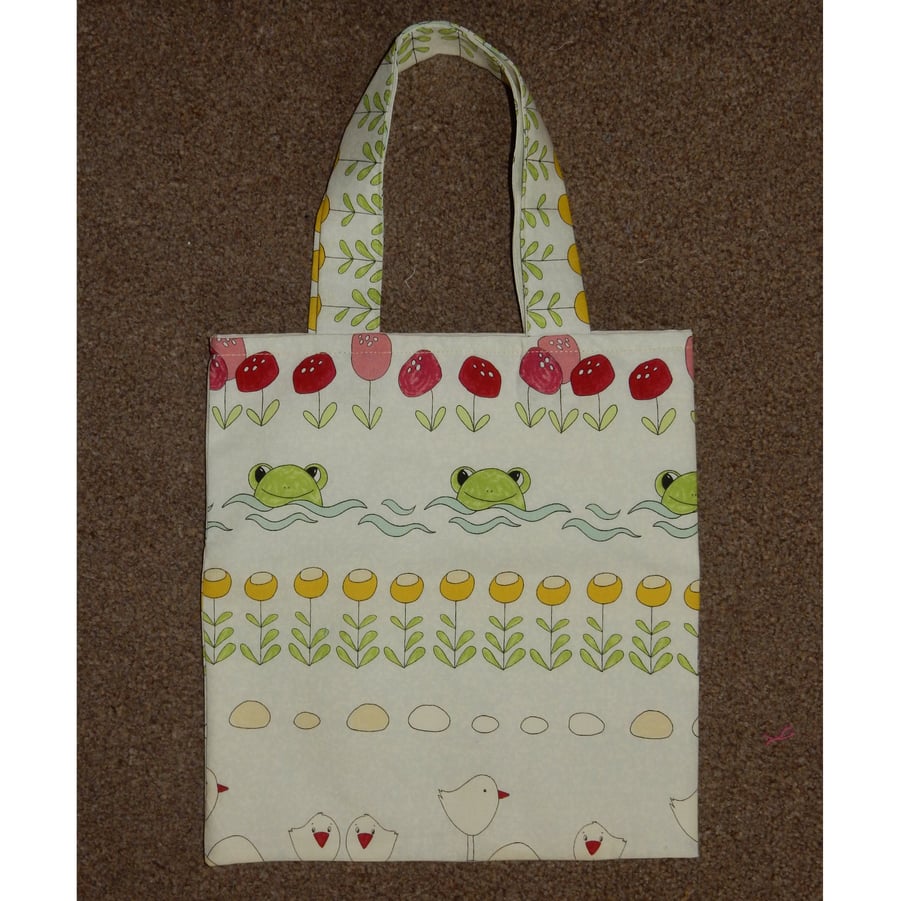 Tote bag with chickens frogs and flowers