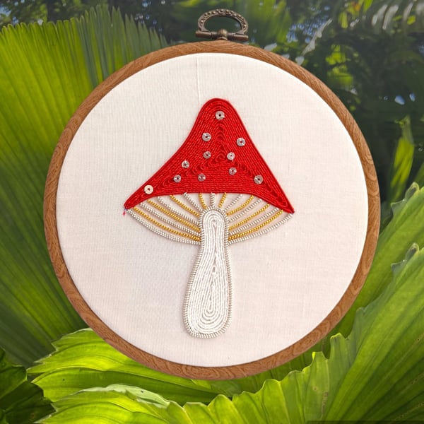 Goldwork Toadstool Embroidery Hoop, Goldwork Mushroom Embroidery Hoop, Metalthre