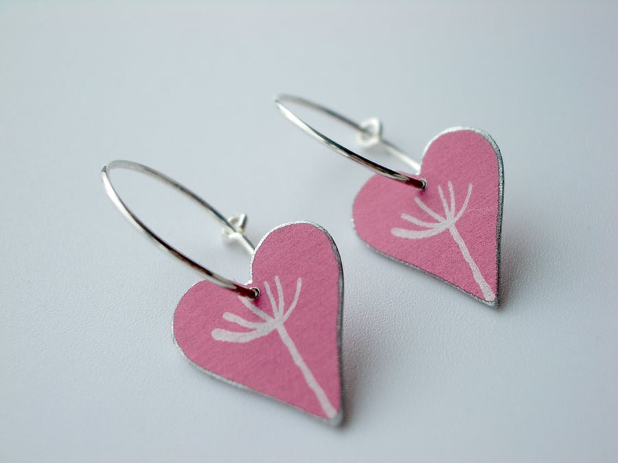 Heart hoop earrings in coral pink with dandelion seed
