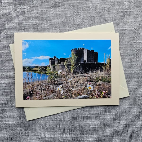 Caerphilly Castle with Wild Flowers Large Blank Photo Card Size 7" x 5" 