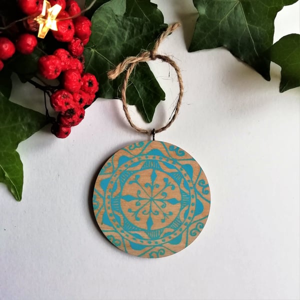 Handprinted Wooden Tree Decoration in Light Blue