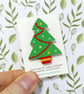 Christmas Tree Pin Badge, Xmas Brooch, Festive Wooden Badge - Image 1