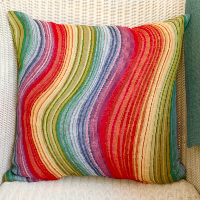 Cushion Cover: Tapestry Rainbow design Duck Egg Blue reverse 17"