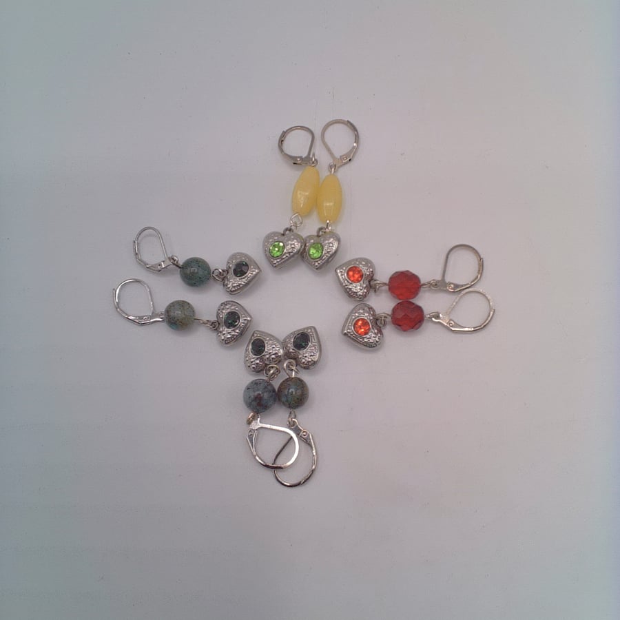 Silver Plated Heart Earrings with Crystal or Gemstone Beads, Gift for Her