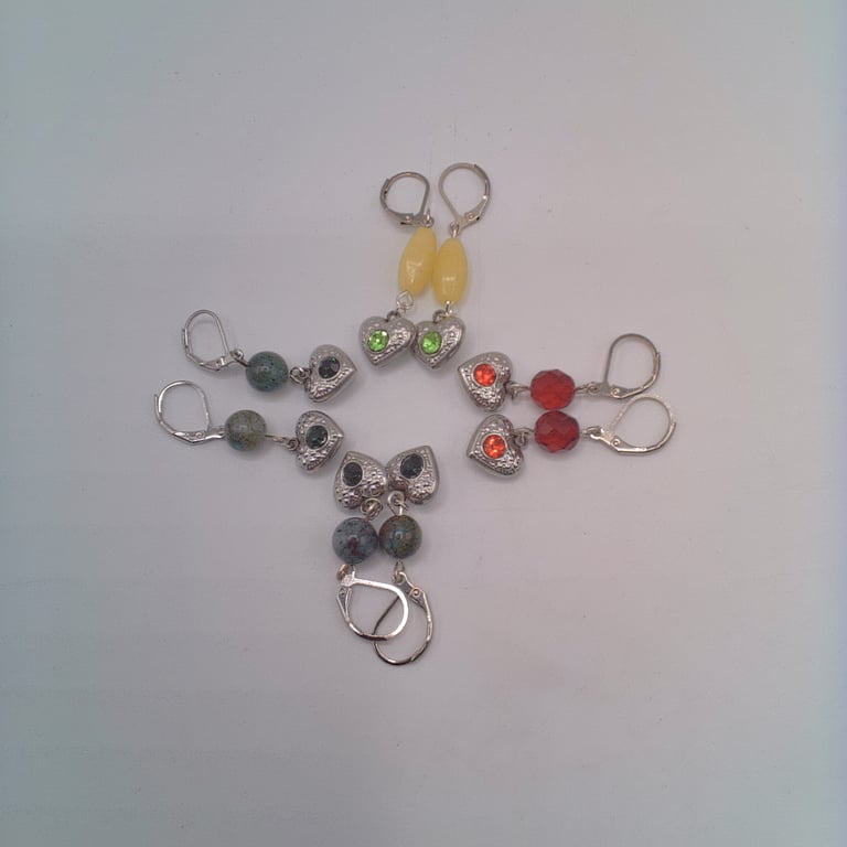 Silver Plated Heart Earrings with Crystal or Gemstone Beads, Gift for Her