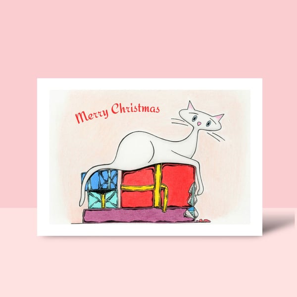 White Cat Christmas Card and Envelope for Festive Greetings, Blank Inside 