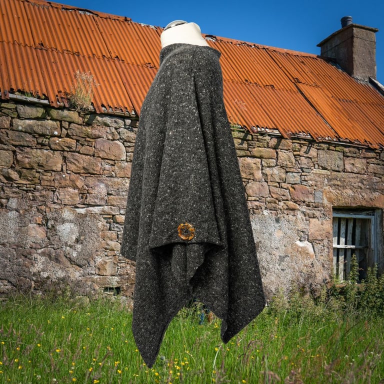 Merino Wool Black Melange Women's Poncho. Donegal Wool Poncho.
