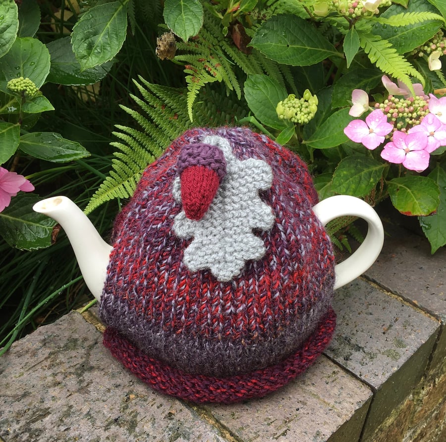 Grey and Red Tea Cosy, Autumn Acorn and Oak Leaf