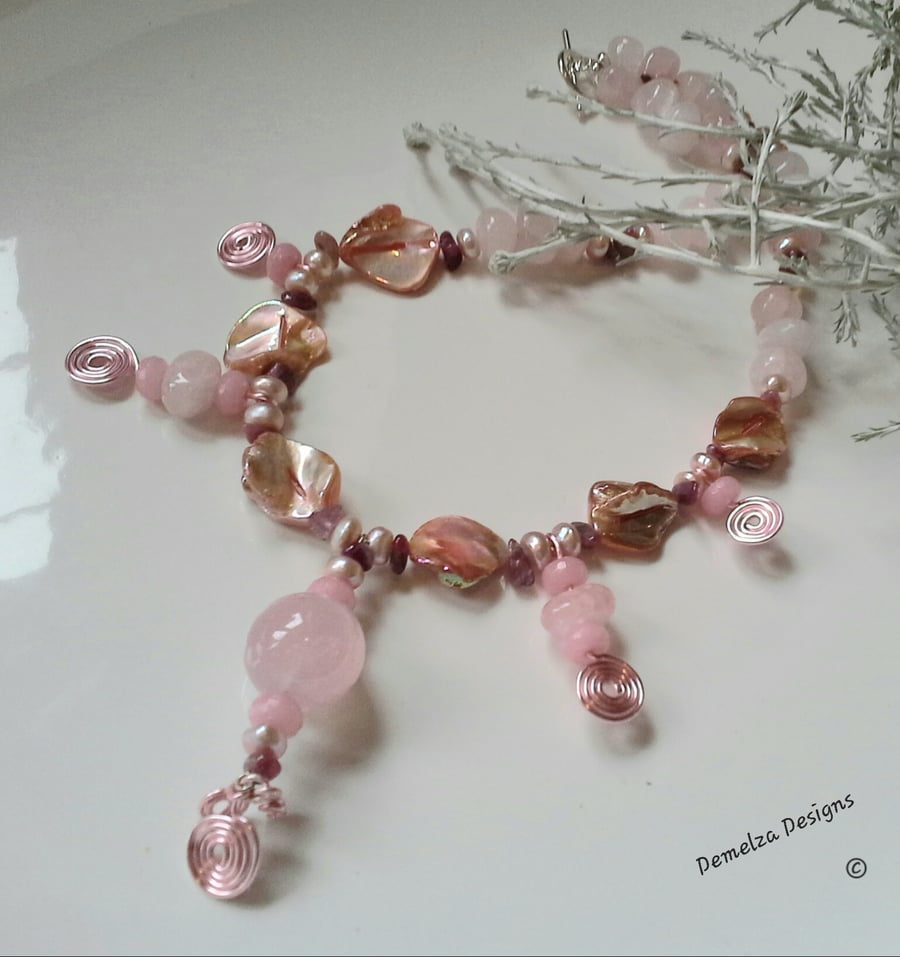 Unique Hand Wired Statement Rose Quartz, Pink Tourmaline Necklace