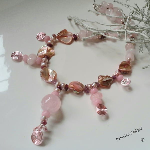 Unique Hand Wired Statement Rose Quartz, Pink Tourmaline Necklace
