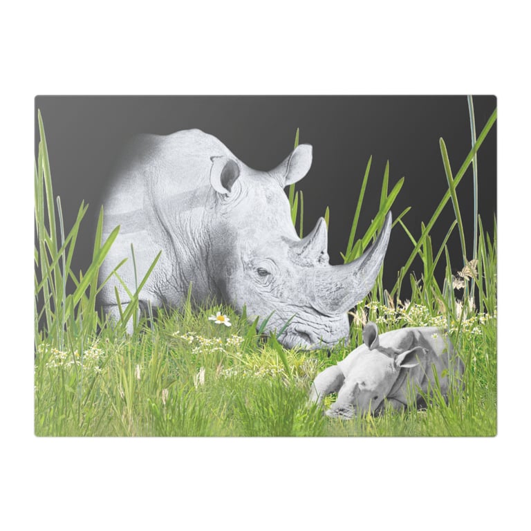 Attentive Mother Rhino And Baby Rhino Glass Chopping Board