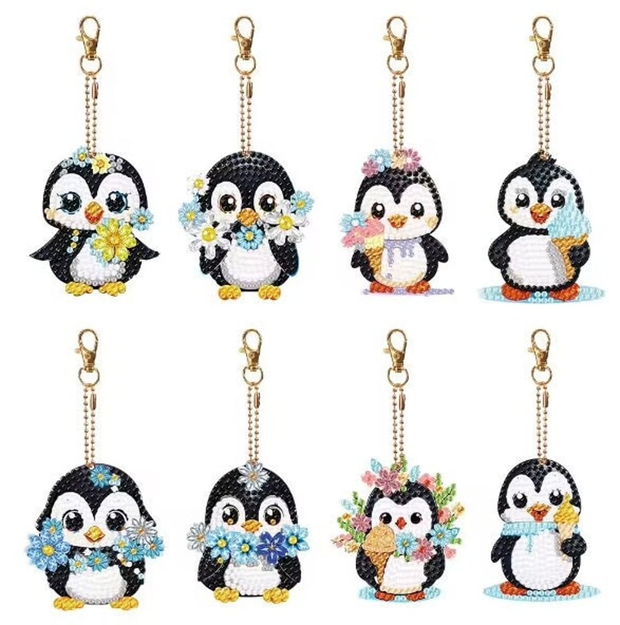 8pcs 5D DIY Cute Penguin Diamond Painting Kit Keyrings Keychains Kit Double Side