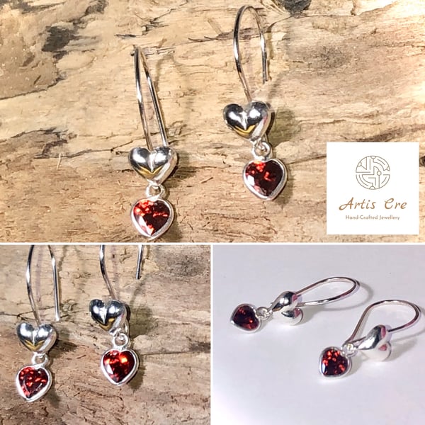 Sterling Silver Heart hook earrings Sparkling Ruby Red Swarovski Crystal hearts 