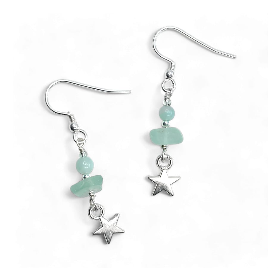 Star Earrings. Green Sea Glass & Amazonite Crystal Beads. Silver Jewellery