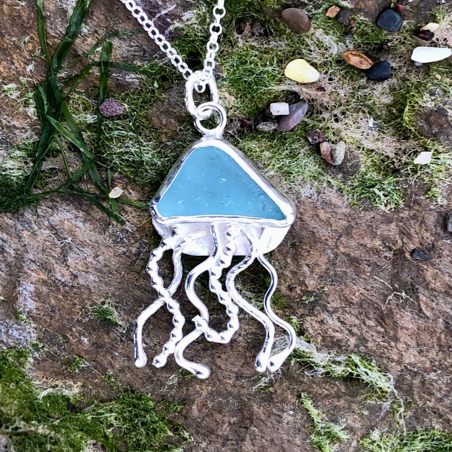 Aqua Blue Sea Glass and Sterling Silver Jelly Fish Pendant - 1183