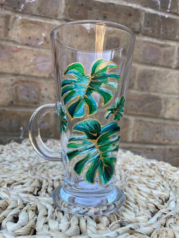 Hand painted glass latte mug - design with monstera leaves, 