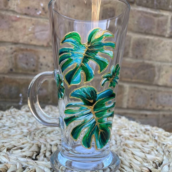 Hand painted glass latte mug - design with monstera leaves, 
