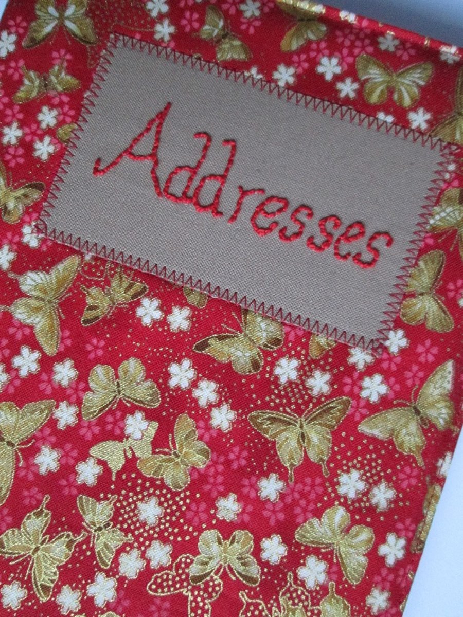 A5 Address Book - Gold Butterflies and Cream Flowers on Red