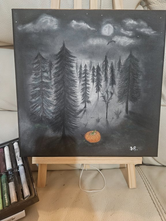 Lonely forest original oil pastel on black canvas