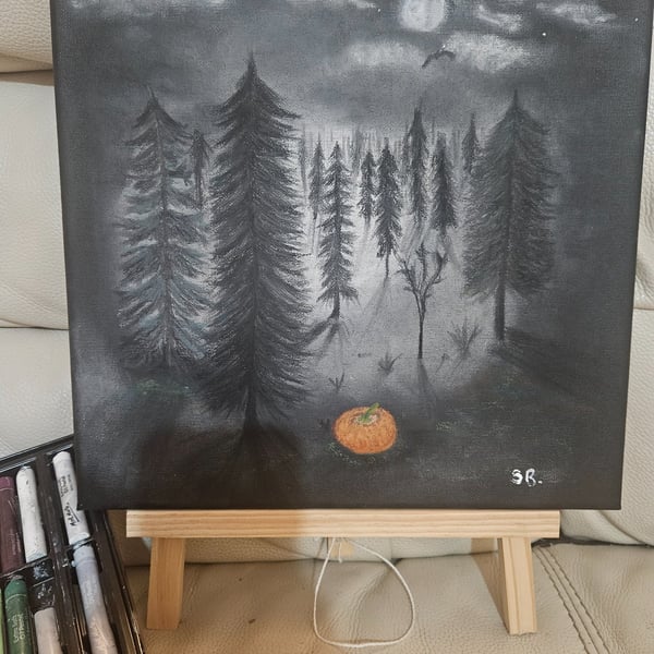 Lonely forest original oil pastel on black canvas