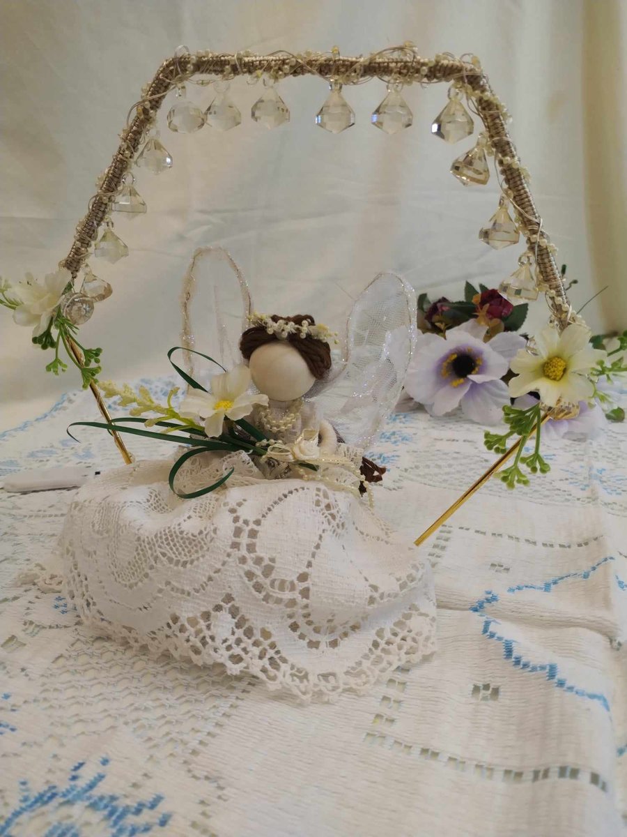Handmade White Fairy doll sitting on a hoop with fairy lights & Crystals  