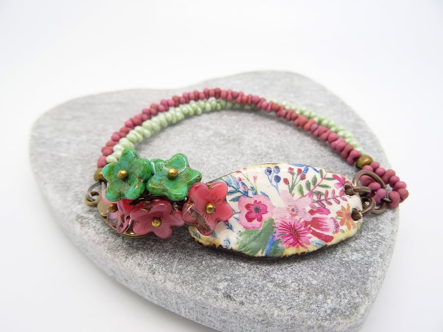 Ceramic Bar Bracelet, Floral Bracelet, Pink and Green Bracelet.