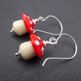 lampwork glass toadstool earrings, sterling silver jewellery