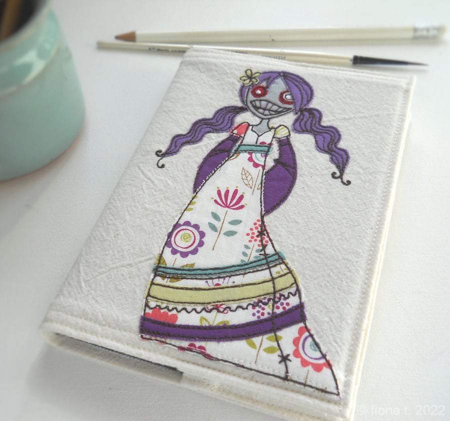 freehand embroidered zombie girl notebook sketchbook A6 purple