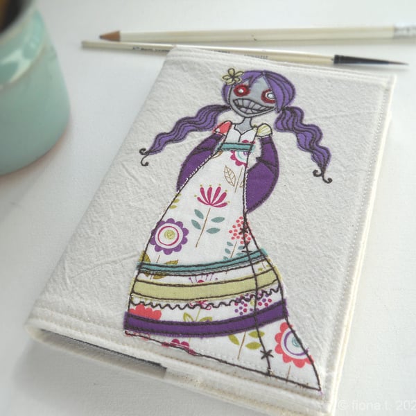 freehand embroidered zombie girl notebook sketchbook A6 purple