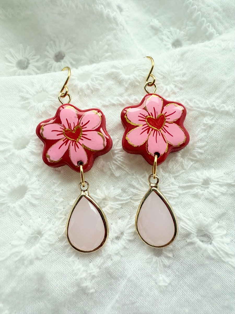 Pink And Red Flower Pearl Drop Earrings - FREE SHIPPING