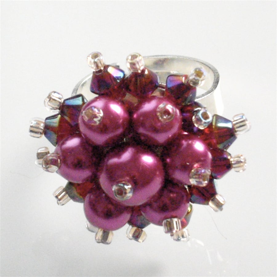 Hot Pink Pearl and Dark Fuchsia Crystal Bead Bling Ring - UK Free Post