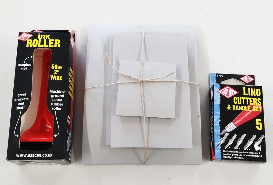 Lino printing bundle - 10 mixed size traditional lino pieces, 2" roller & cutter