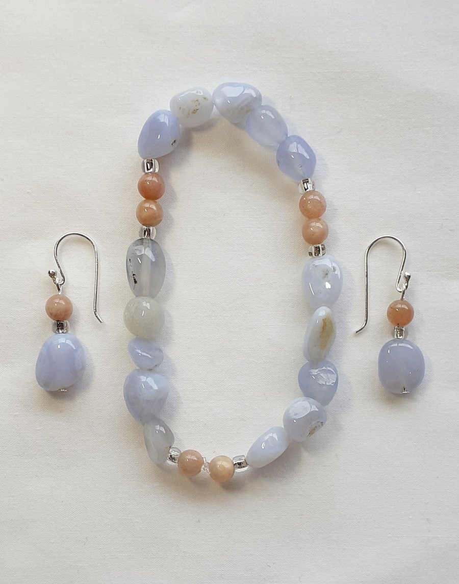 Blue Lace Agate and Rose Quartz stretch bracelet and earrings set