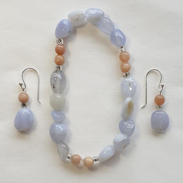 Blue Lace Agate and Rose Quartz stretch bracelet and earrings set