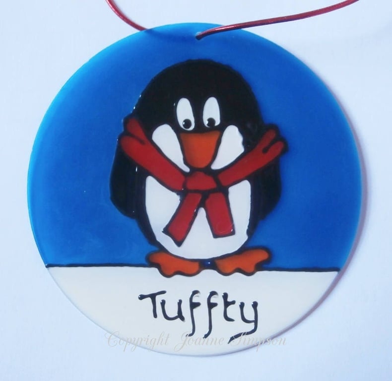Penguin Christmas Decoration, glass tree ornament, hand painted, sun catcher.