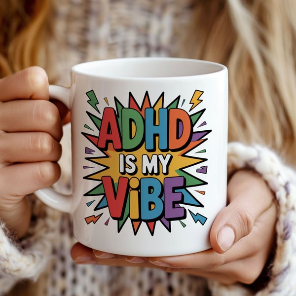 ADHD Gift Mug – Neurodivergent Coffee Cup "ADHD Is My Vibe" – Funny Colourful 