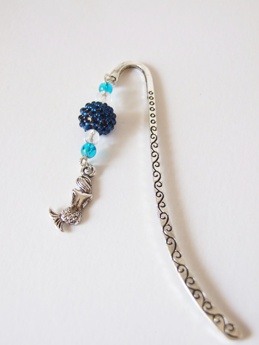 Mermaid Charm and Beaded Bead Silver Metal Shepherd's Hook Bookmark