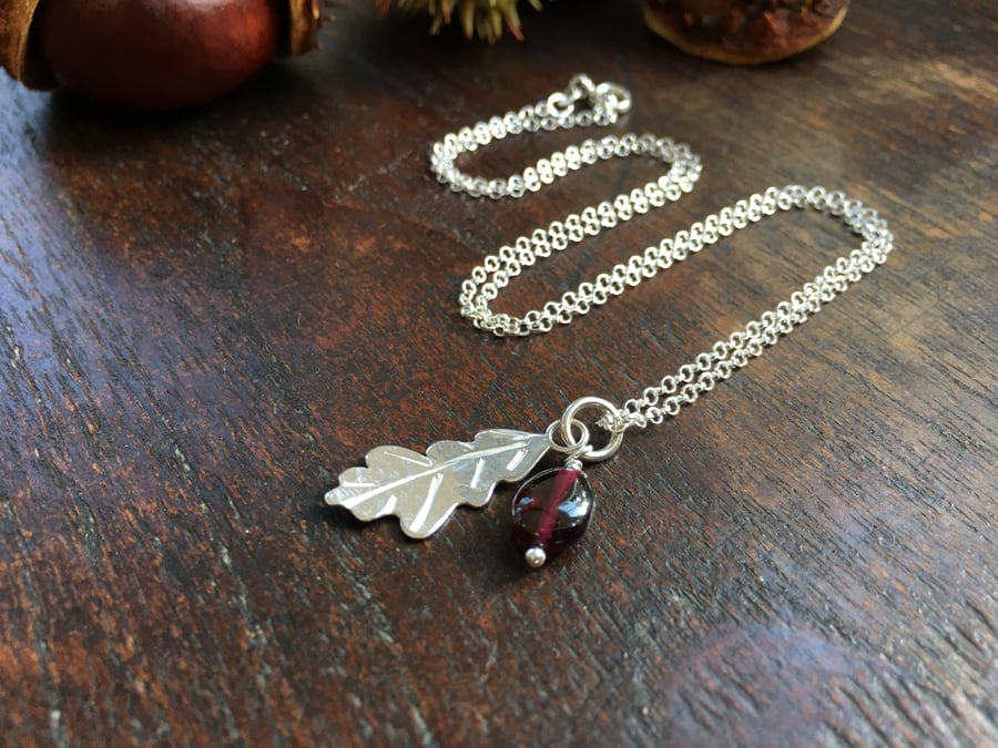 Sterling silver leaf & garnet necklace